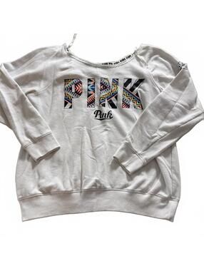PINK VTG Victoria Secret 90s Geometric Logo Off shoulder White Sweatshirt SZ L